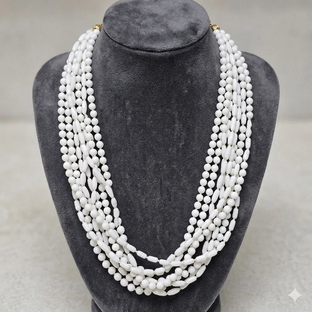 Vintage Milk Glass Multi Strand Necklace White Beaded 5 Row Statement Gold Tone